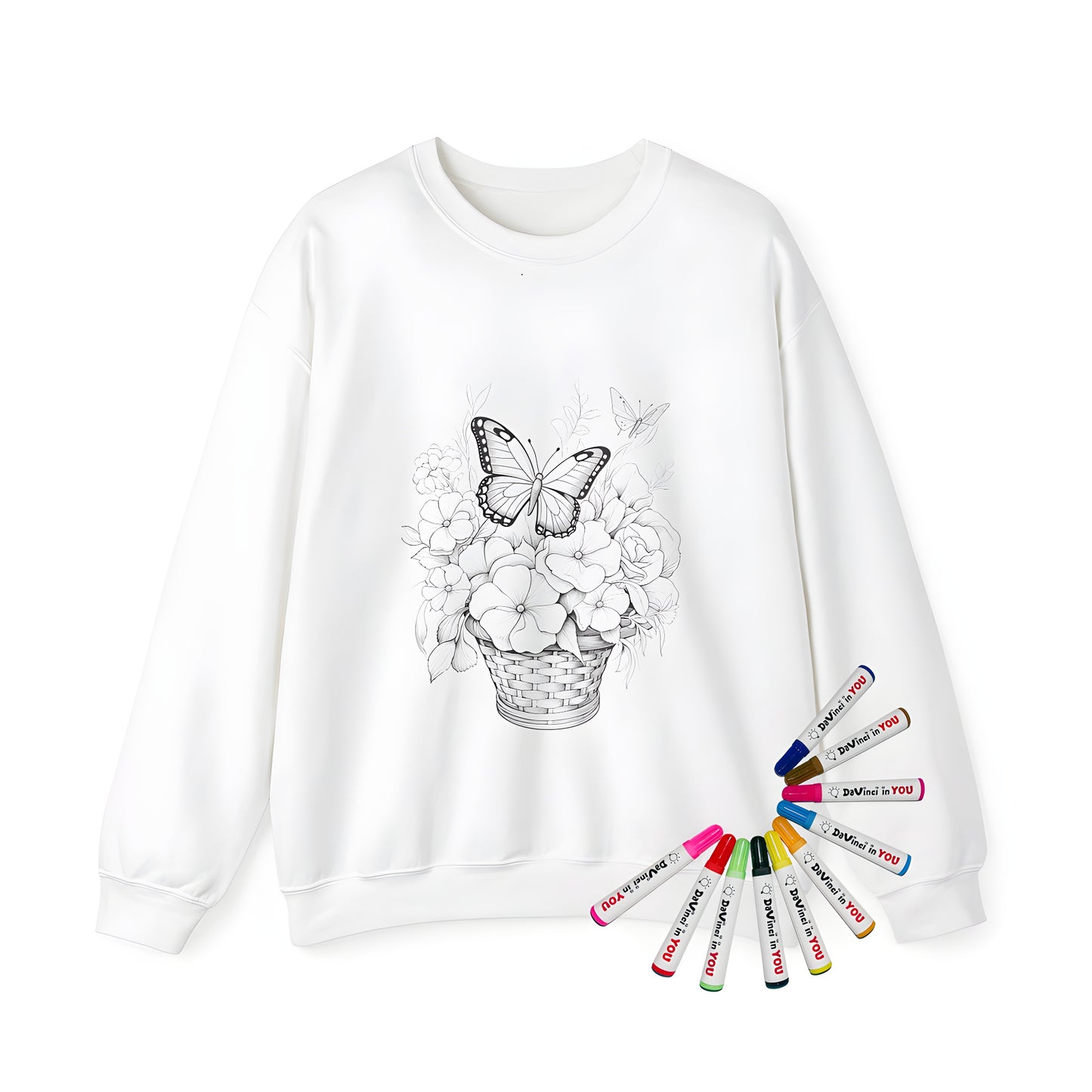 Adult sweatshirt featuring a colorful floral basket and butterfly design for adult coloring enthusiasts