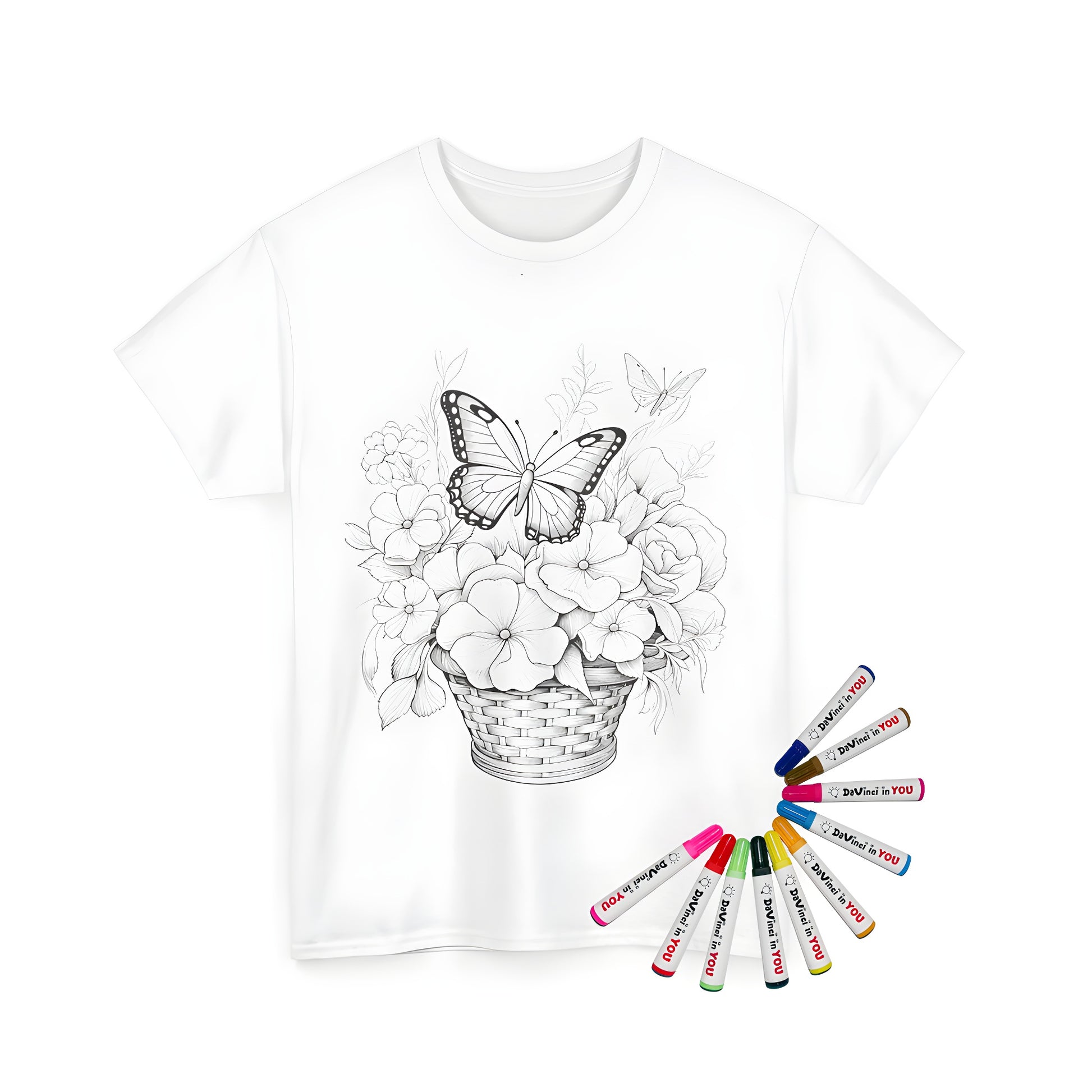 Unisex t-shirt featuring a detailed illustration of a floral basket with butterflies for coloring, accompanied by 10 fabric markers in a gift box