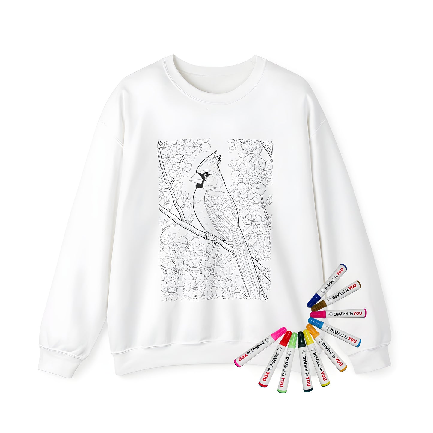 Adult sweatshirt featuring a vibrant cardinal bird design with intricate details of birds perched on branches surrounded by colorful flowers. Perfect for anyone who loves nature, birds, and coloring.