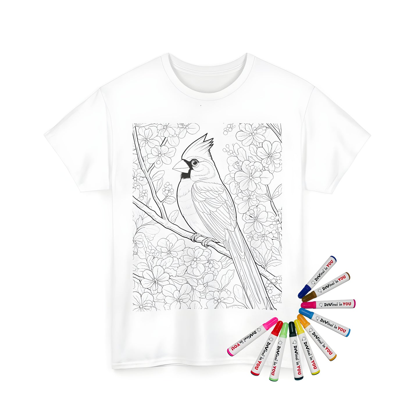 Unisex t-shirt featuring an original cardinal-themed coloring page design