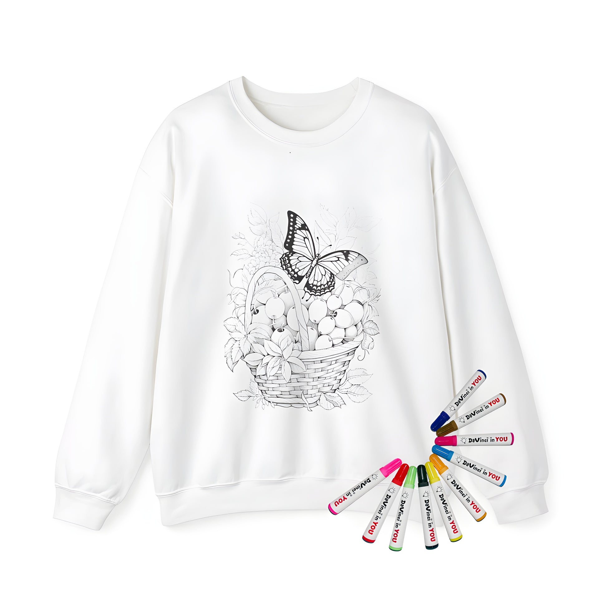 Adult sweatshirt featuring colorful butterfly design on fruit basket with leaves and flowers