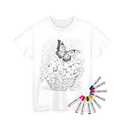 Unisex t-shirt featuring colorful butterfly on fruit basket design