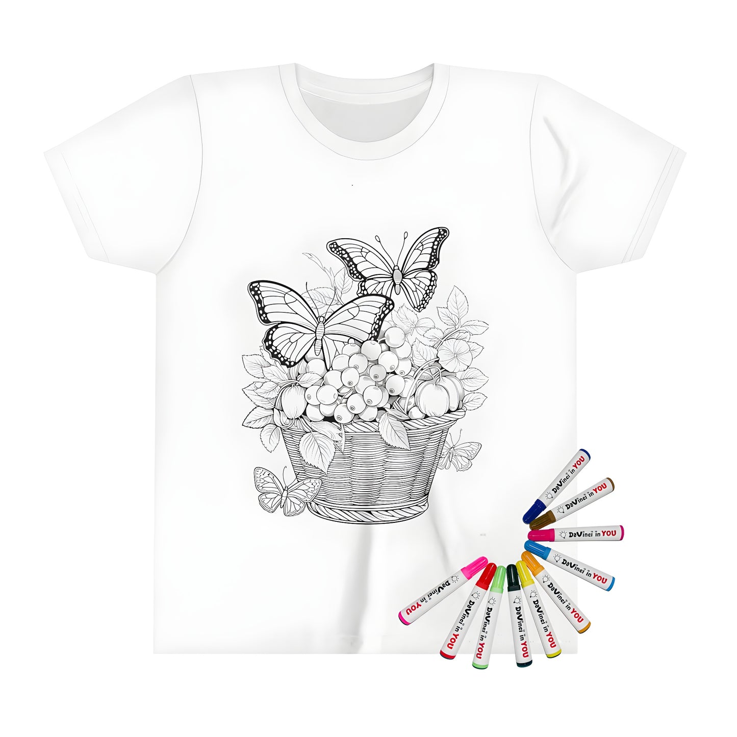 Kid's t-shirt with colorful fruit hamper and butterfly illustration