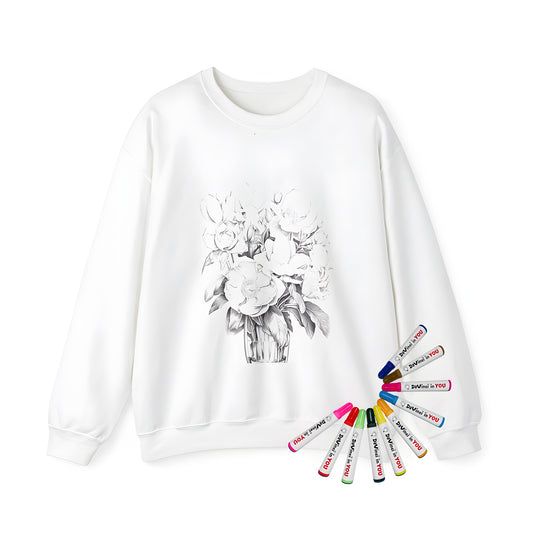 Adult sweatshirt with colorful flower arrangement and leaves