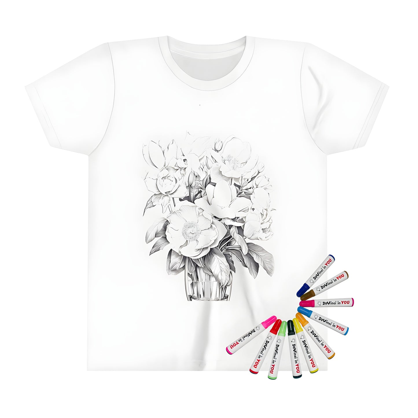 Coloring kit for kids t-shirt with bouquet design featuring peonies and leaves