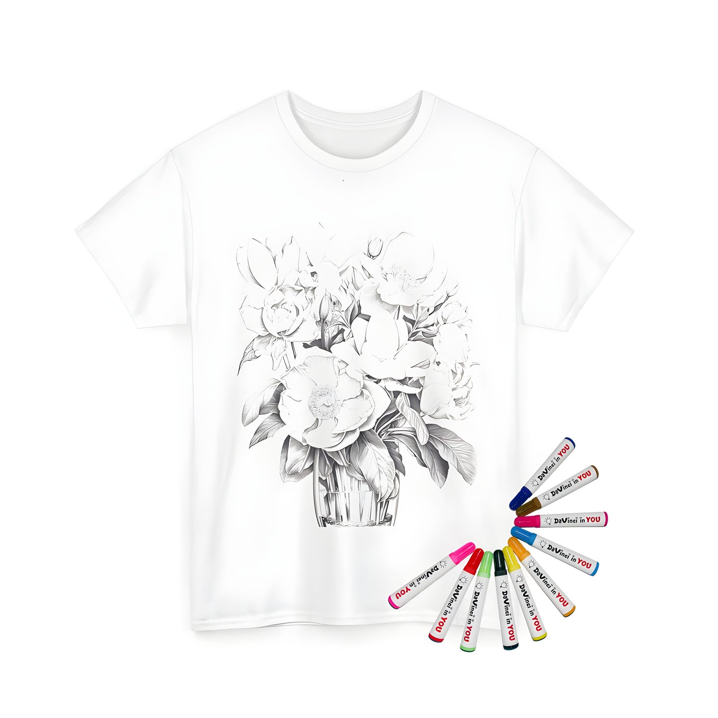 Detailed black and white illustration of flower arrangement on unisex t-shirt