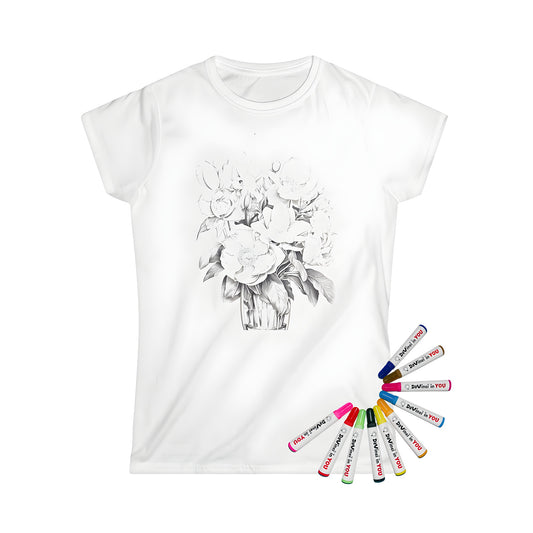 Women's coloring t-shirt featuring a beautiful bouquet of peonies and leaves in a delicate vase illustration