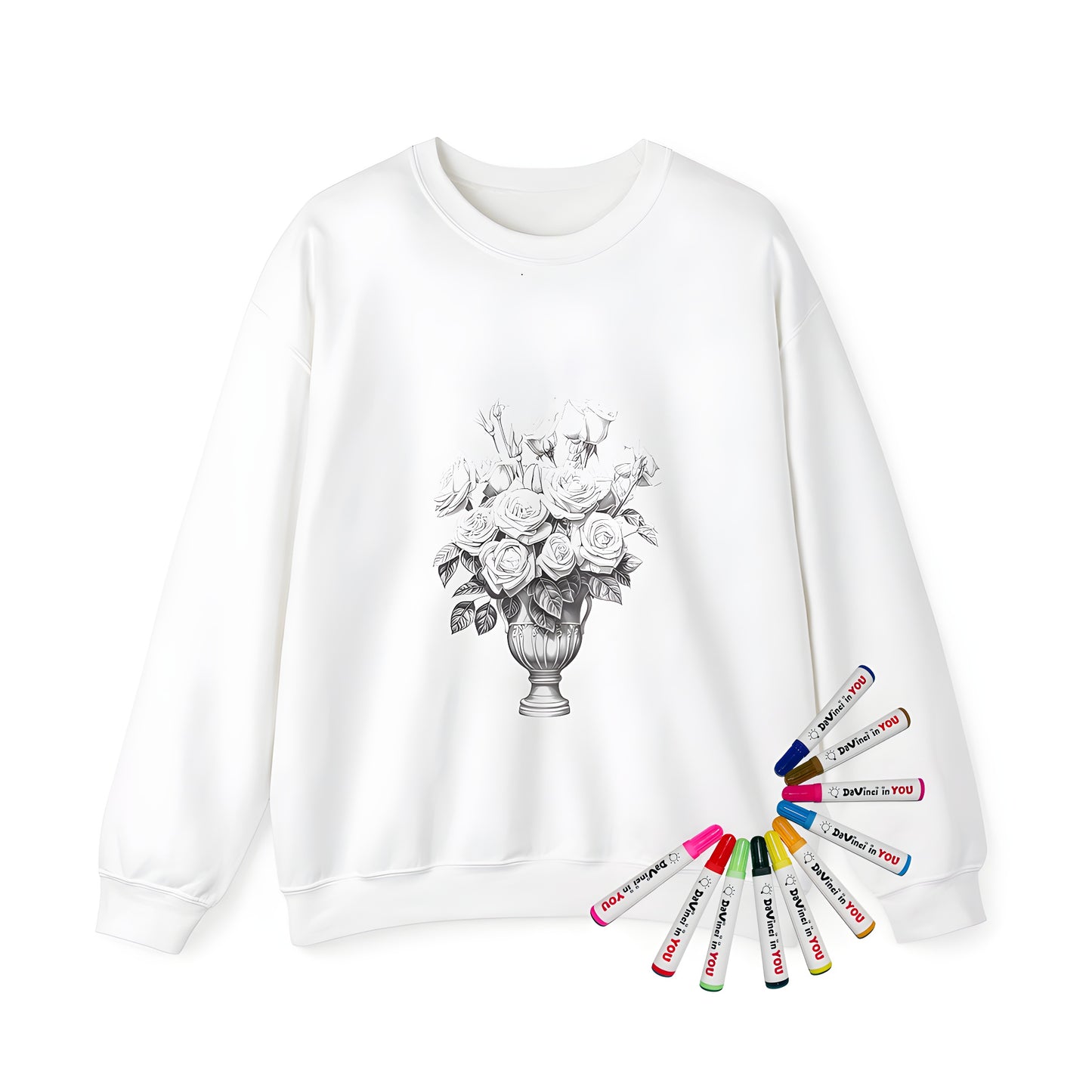 Adult sweatshirt featuring a detailed illustration of blooming flowers and a decorative vase