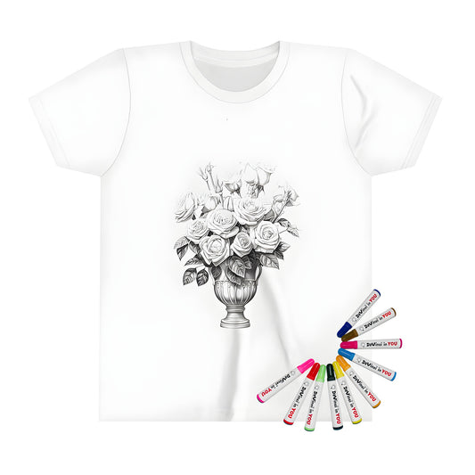 Kids t-shirt featuring detailed bouquet of blooming flowers, vase, and leaves for a coloring page design, perfect for little artists with fabric markers included