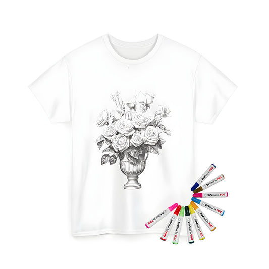 Unisex T-shirt with a colorful bouquet of flowers and vase adult coloring page design