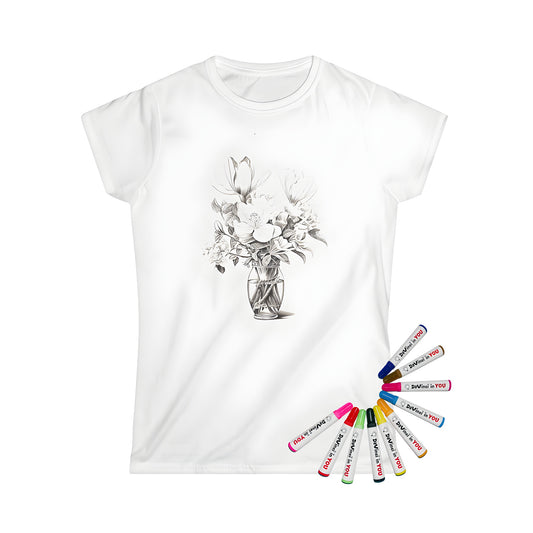 Women's t-shirt featuring a colorful bouquet of flowers arranged in a beautiful vase, inspired by detailed botanical drawings