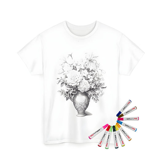 Unisex t-shirt featuring a colorful flower arrangement design for adults and kids alike