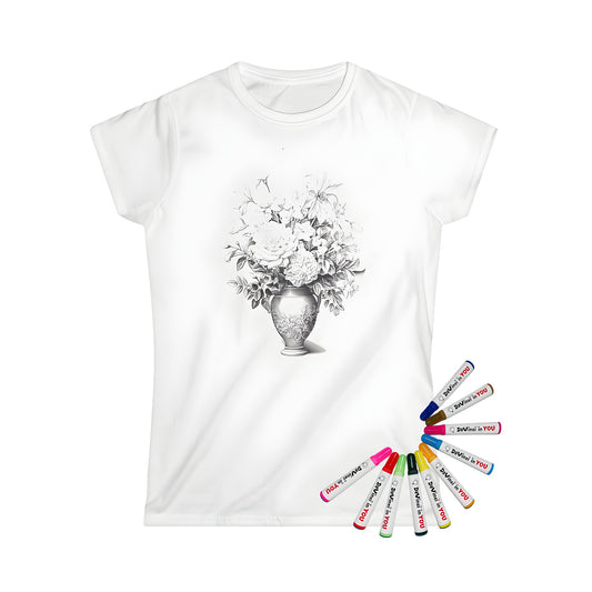 Women's t-shirt featuring a beautiful flower arrangement art, perfect for coloring. Includes 10 vibrant fabric markers.