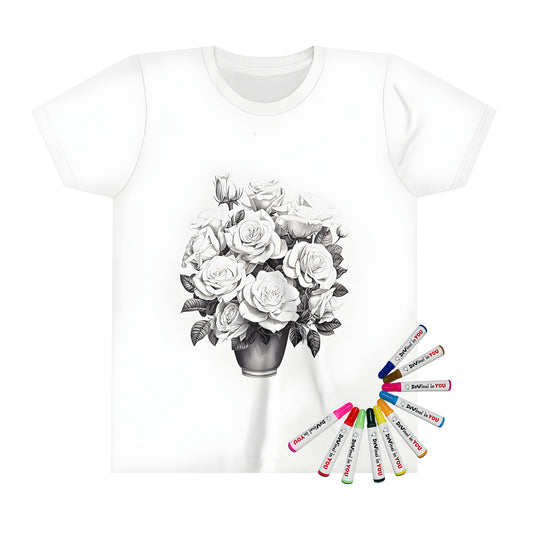 A detailed illustration of blooming flowers in a decorative vase on a kids' graphic t-shirt