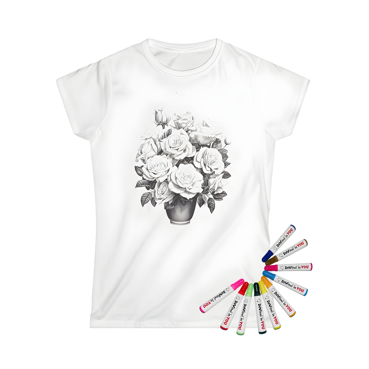 Women's t-shirt with floral bouquet design featuring black and white illustration of roses in a vase