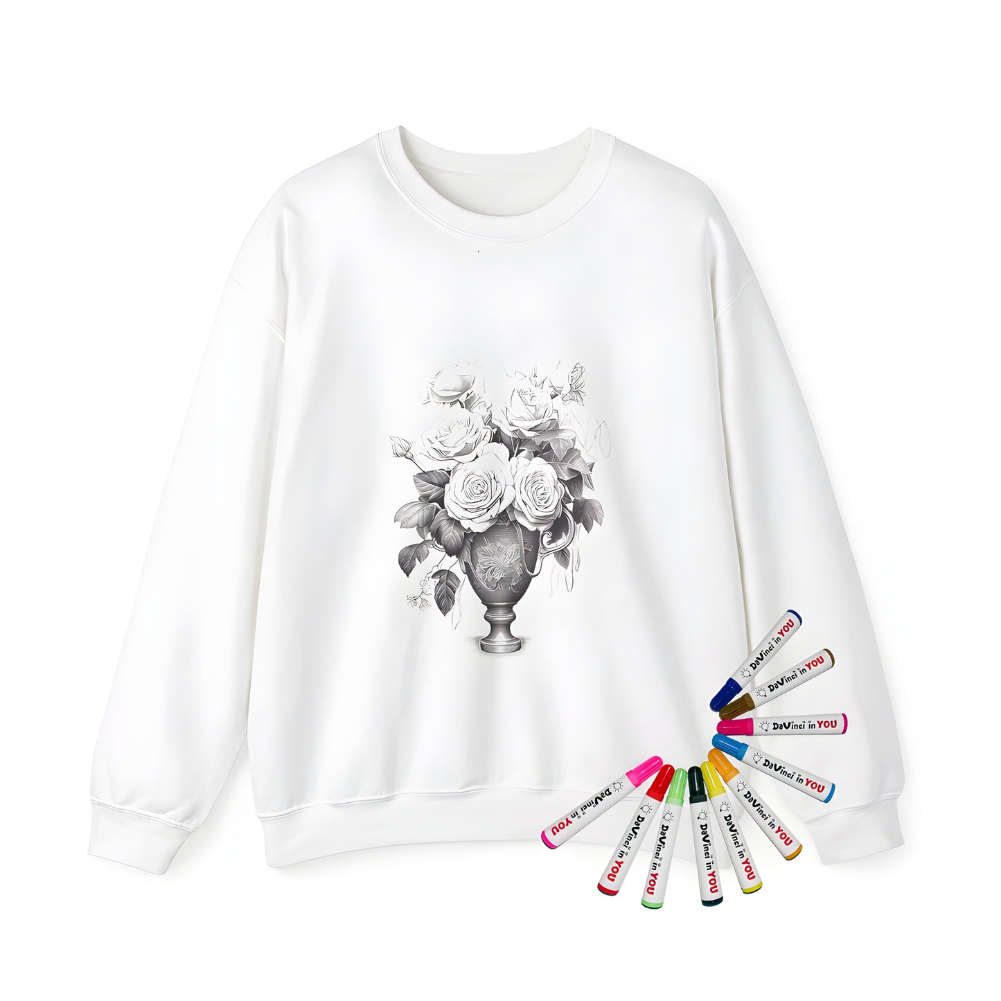 A detailed illustration of a bouquet of flowers in a decorative vase on an adult sweatshirt, perfect for artistic expression and relaxation.