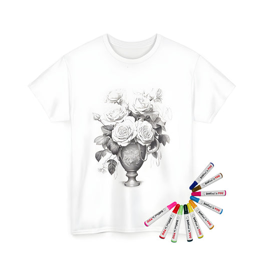 Unisex t-shirt with a bouquet of flowers illustration, featuring roses in a decorative vase design