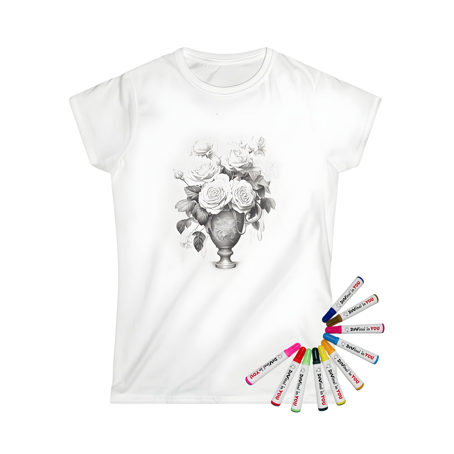 Women's t-shirt with floral bouquet illustration of roses, vases, and greenery