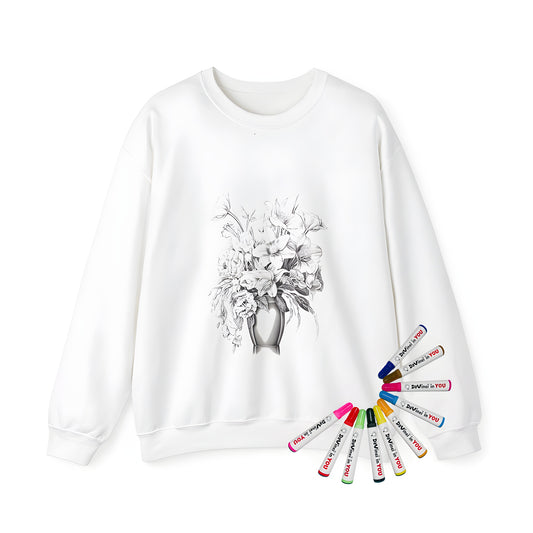 Adult sweatshirt featuring a colorful flower bouquet design with 10 vibrant fabric markers