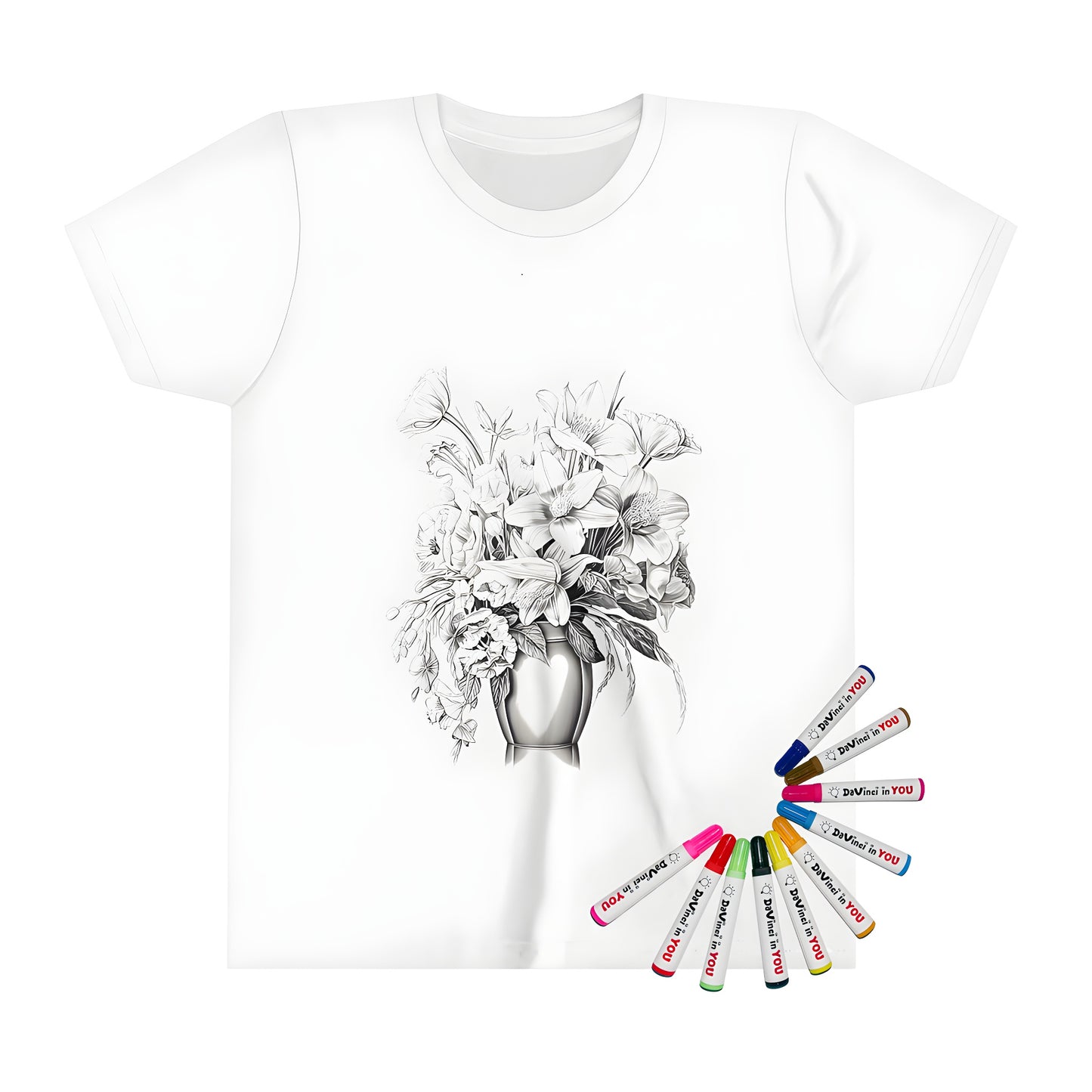 A colorful kid's t-shirt featuring an illustration of a vibrant flower arrangement in a vase, adorned with various blooms, including lilies and more.