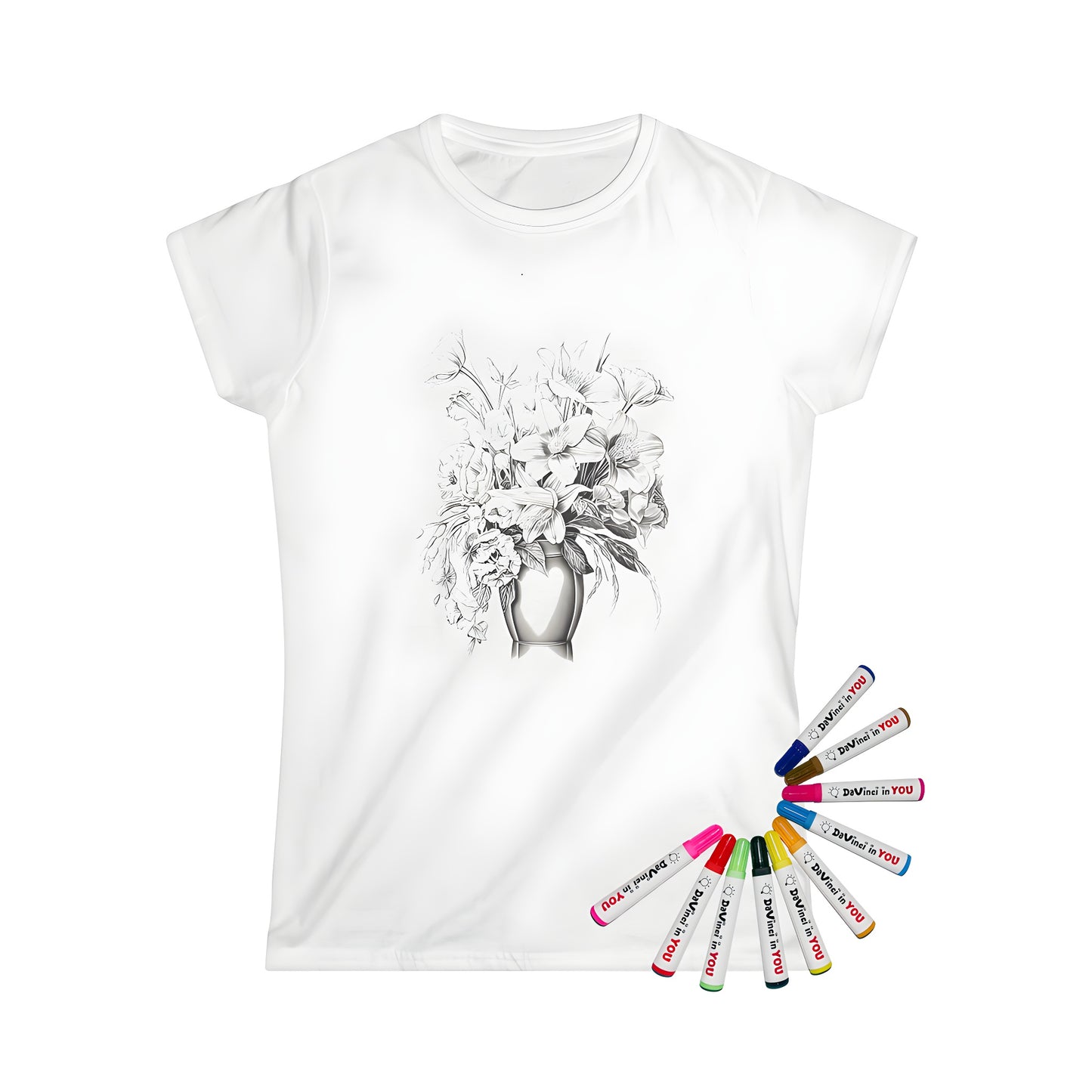 Women's t-shirt featuring a colorful flower arrangement, bouquet of flowers, and garden blooms on a black background