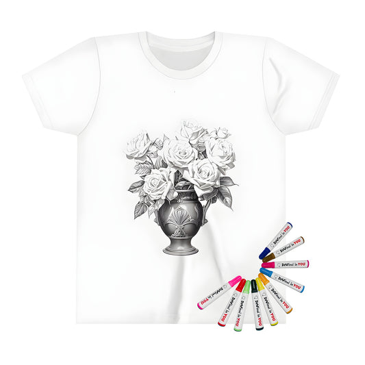 Kid's colorful t-shirt featuring a beautiful floral arrangement with blooming flowers and lush greenery, perfect for kids who love art and design