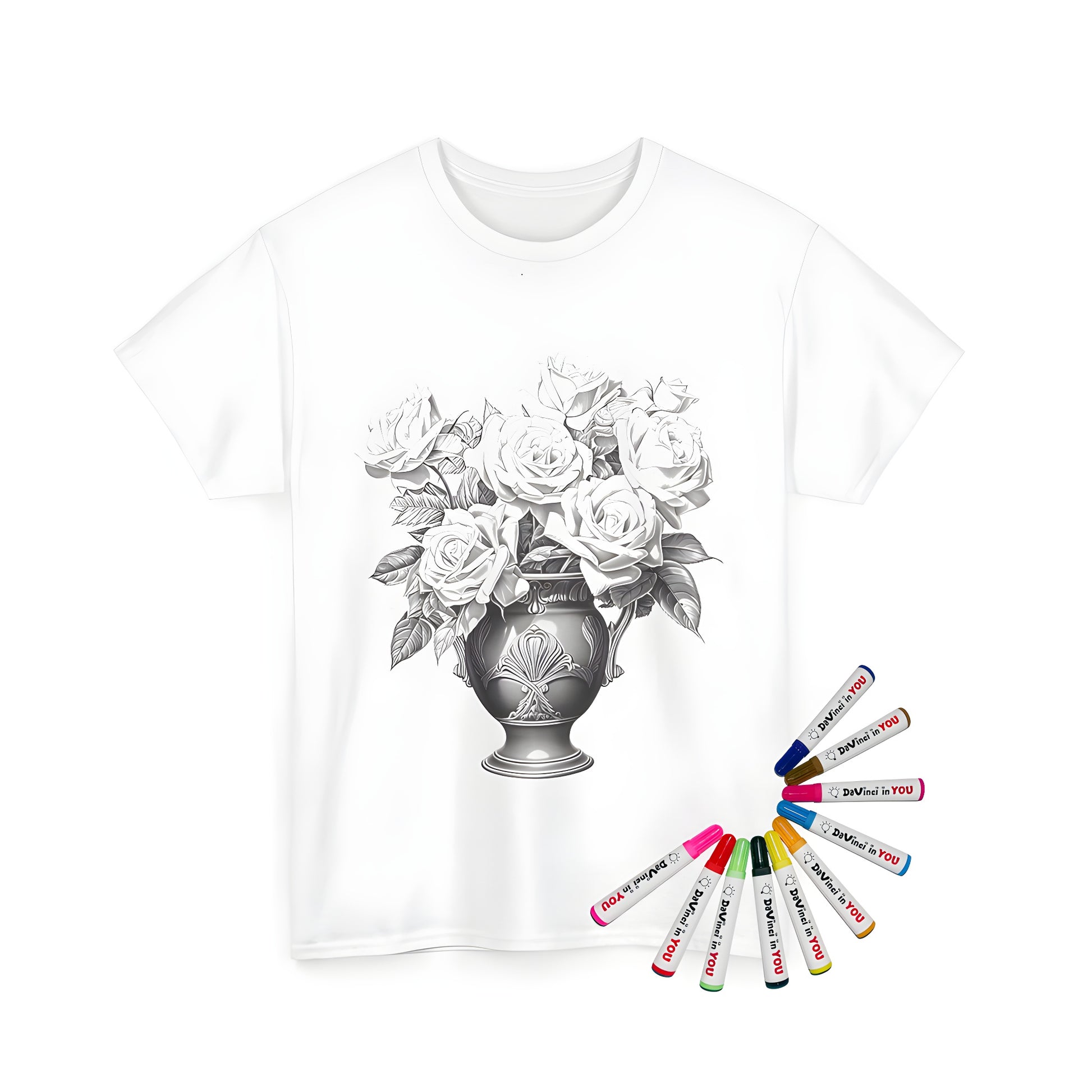 Unisex t-shirt featuring a coloring page design of flowers, blooming roses, and intricate leaves in a decorative vase