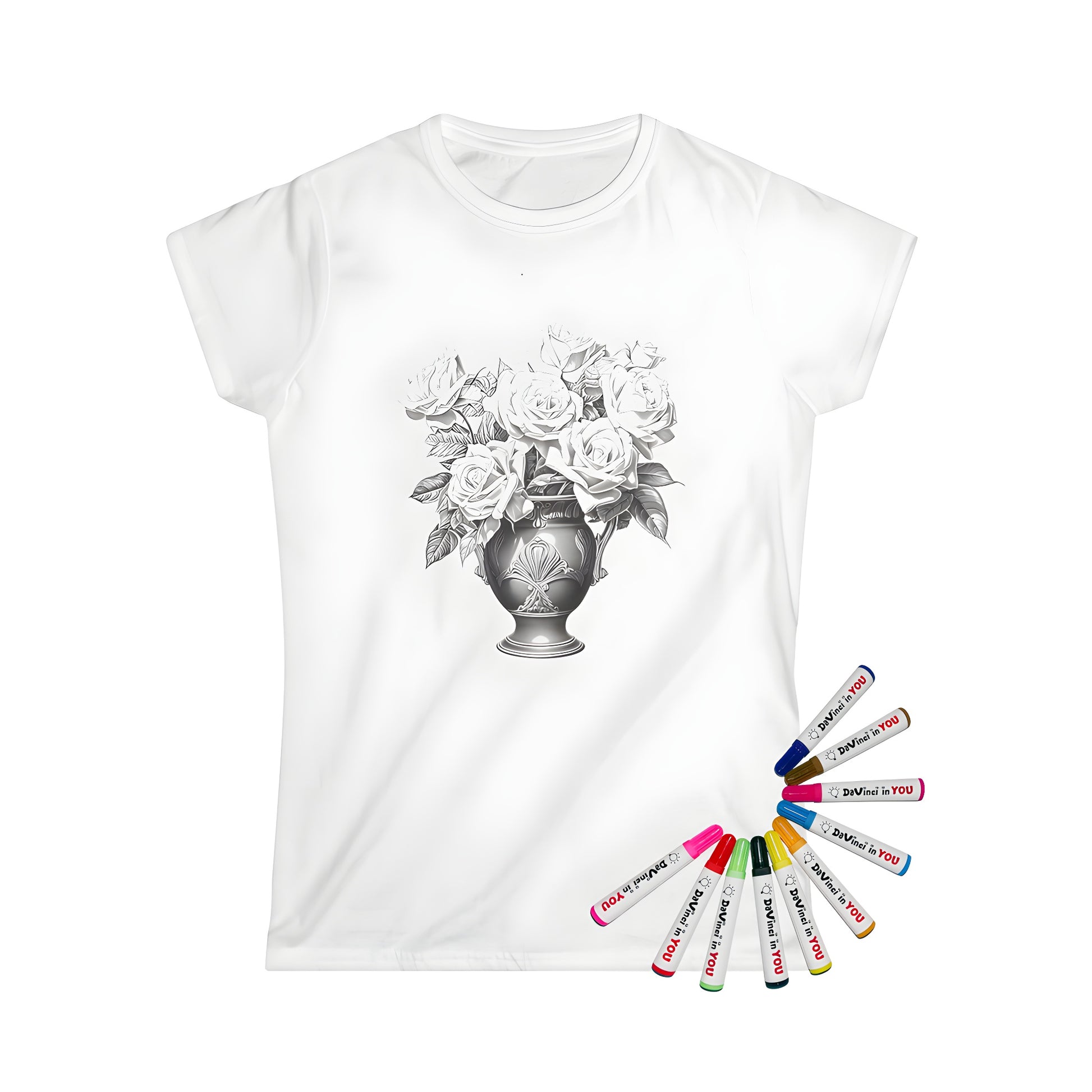 Women's T-shirt coloring kit with flower art, illustrations of blooming flowers and leaves, gift for girls, women, or kids