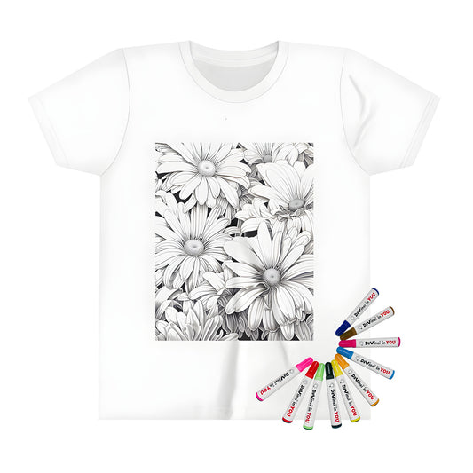 Colorful kid's t-shirt featuring intricate floral designs of black daisies, white flowers and petals in a kids coloring kit with 10 fabric markers