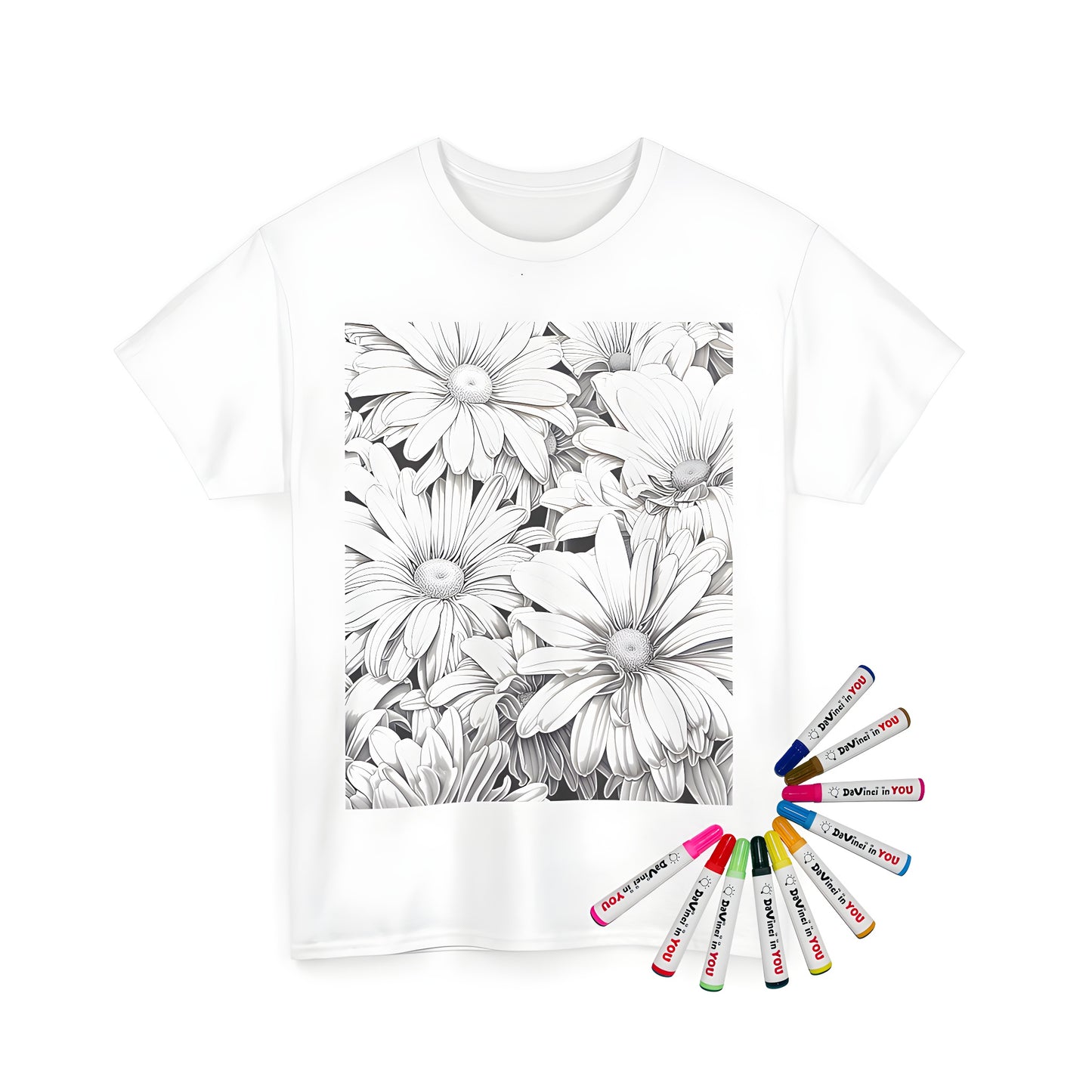 Coloring kit for adult and kids featuring a black and white daisy floral bouquet art design printed on high-quality unisex t-shirt