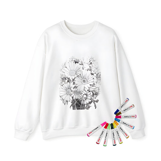 Adult sweatshirt with floral designs and detailed bouquet of daisies, carnations, lilies, and roses printed on high-quality fabric