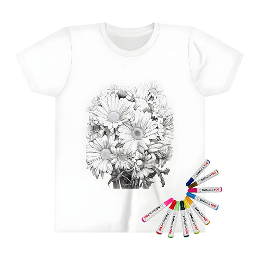 Kids t shirt coloring kit with 10 fabric markers featuring a detailed black and white outline of daisies, sunflowers, flowers and bouquets for kids to color and decorate