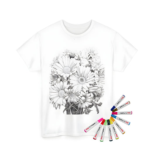 Detailed black and white outline of flowers, bouquet of daisies, unisex t-shirt for adults and kids alike