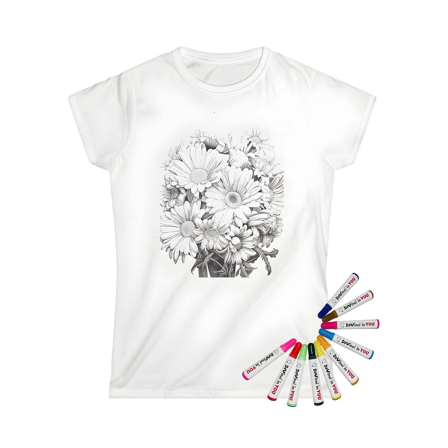 Women's t-shirt with colorful bouquet of flowers, detailed floral print