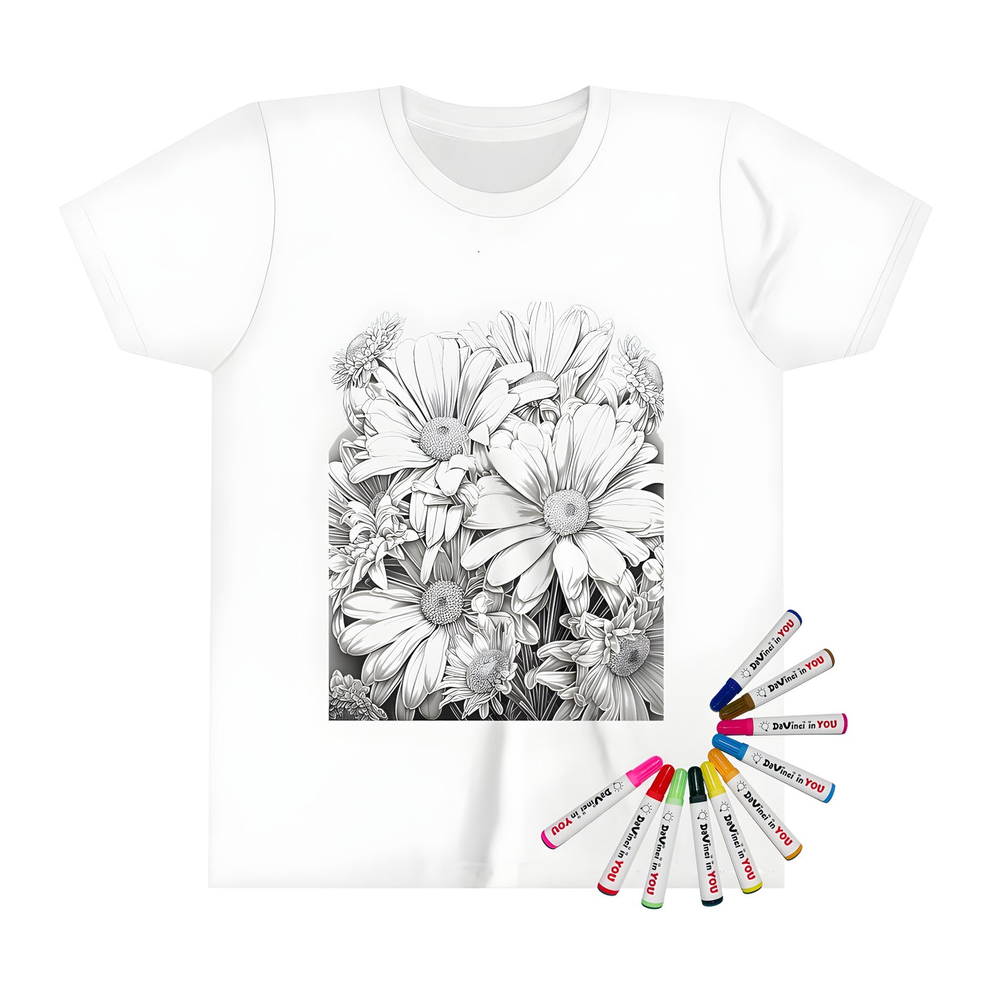 Kid's t-shirt with intricate black and white daisy, flower, bloom designs, illustrations, prints - perfect for kids who love flowers, gardening, and art!