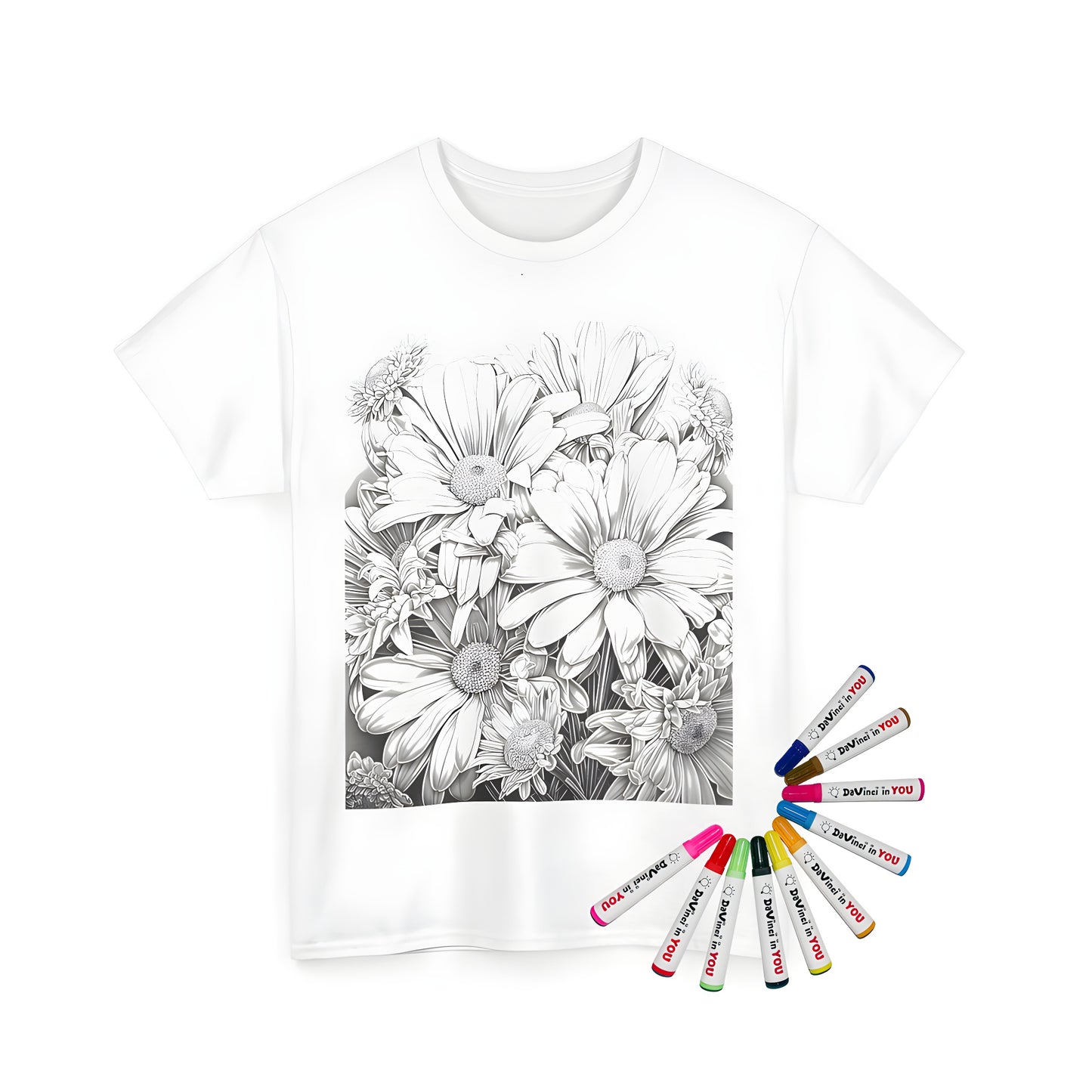 Unisex t-shirt featuring an intricate black and white drawing of blooming flowers, including daisies, sunflowers, and other floral designs.