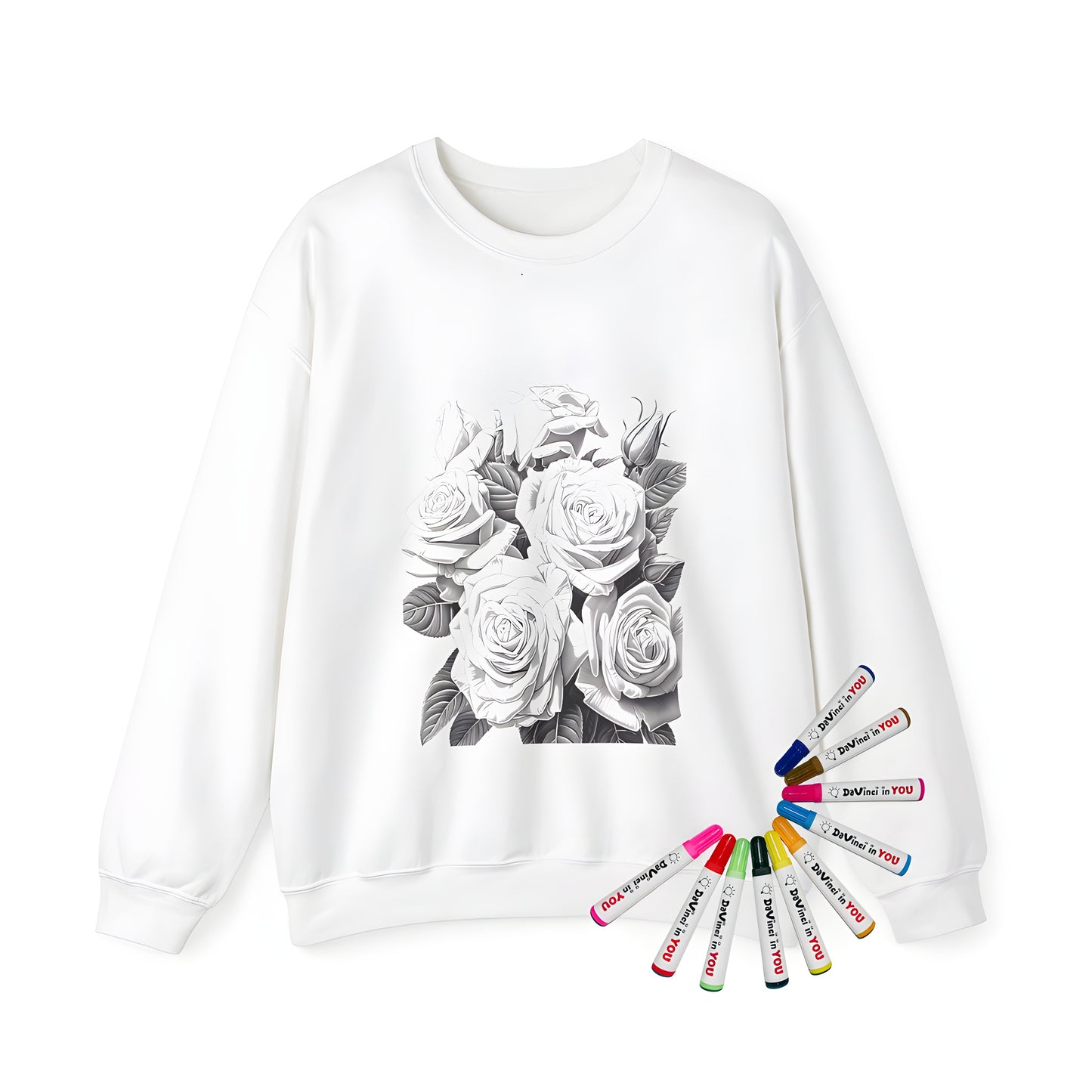 Adult sweatshirt featuring a colorful bouquet of roses, carnations, and lilies illustration, perfect for adult coloring