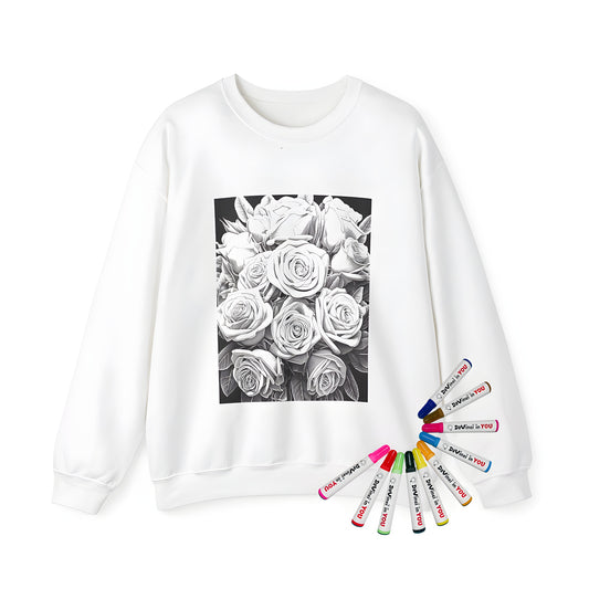 Adult sweatshirt featuring a beautiful bouquet of blooming flowers and rose-inspired illustrations