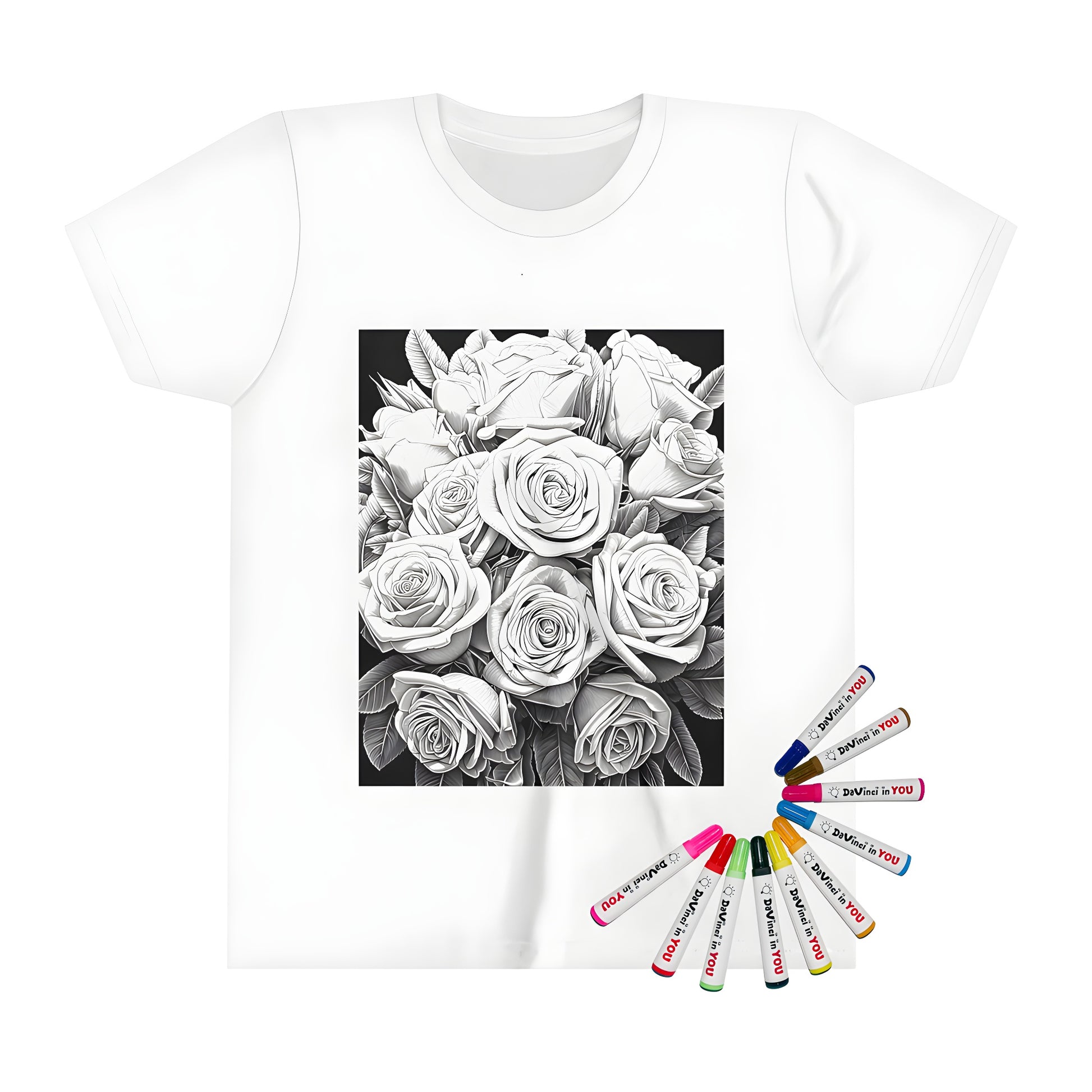 Coloring kit kid's t-shirt with floral design featuring blooming flowers, rose-inspired patterns, and intricate details