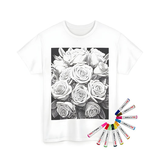 Coloring kit for a unisex t-shirt featuring a detailed illustration of a bouquet of blooming flowers, including roses, peonies, and lavender