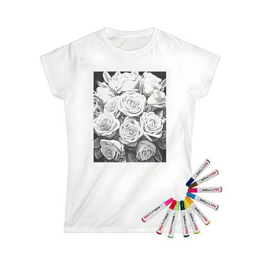 Women's t-shirt with colorful floral design featuring roses, florals, blossoms, and blooms