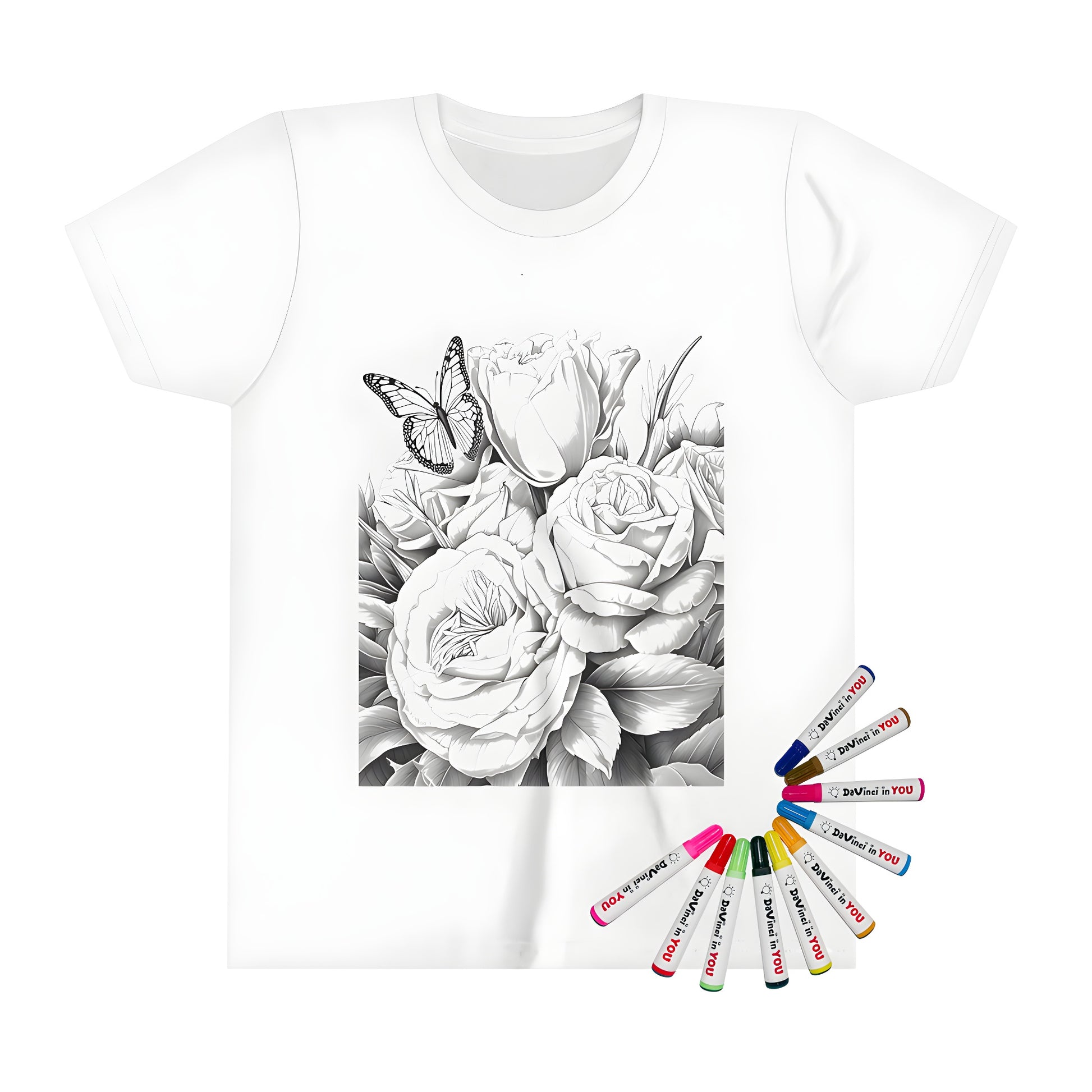 Intricately drawn floral t-shirt design featuring roses, butterfly, flowers, blooms, and petals