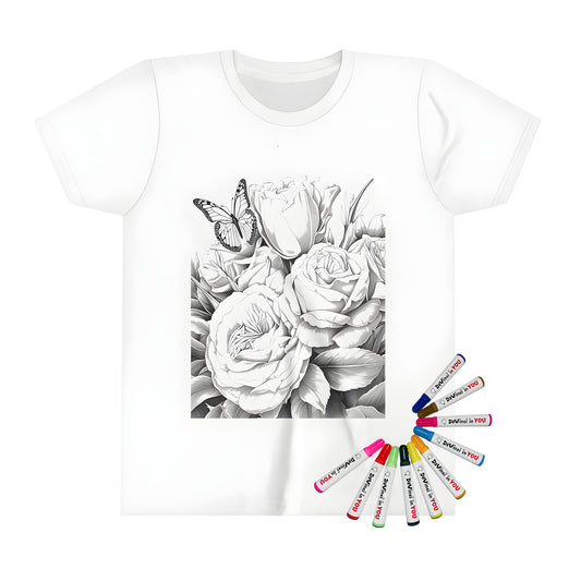 Intricately drawn floral t-shirt design featuring roses, butterfly, flowers, blooms, and petals