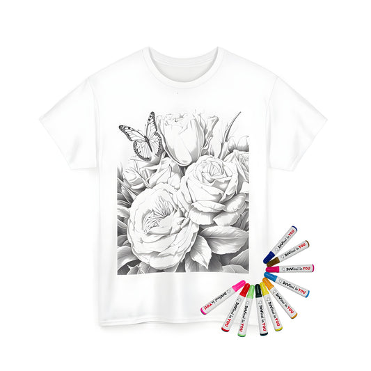 Colorful Unisex T-shirt featuring a vibrant floral design with intricately drawn roses and a beautiful butterfly perched on one flower