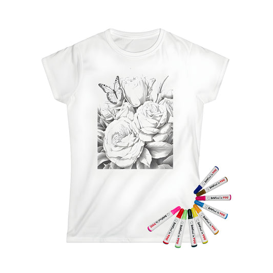 Women's t-shirt with intricately drawn floral design featuring black and white roses and butterfly motifs on a colorful background