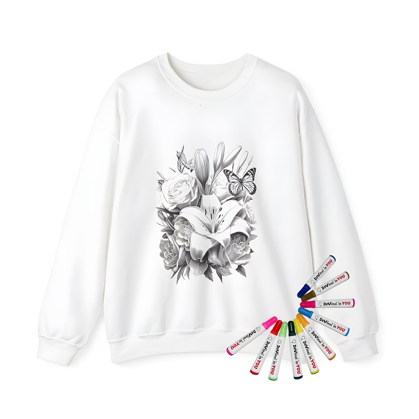 Adult sweatshirt featuring a vibrant bouquet of flowers and butterfly illustration