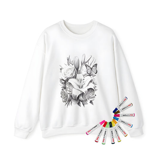 Adult sweatshirt featuring a vibrant bouquet of flowers and butterfly illustration