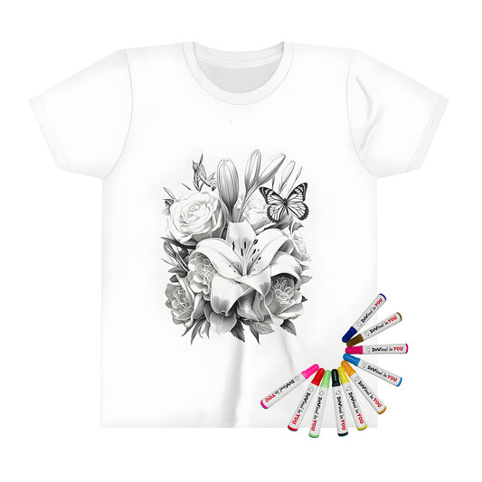 Kid's colorful t-shirt with floral bouquet and butterfly design