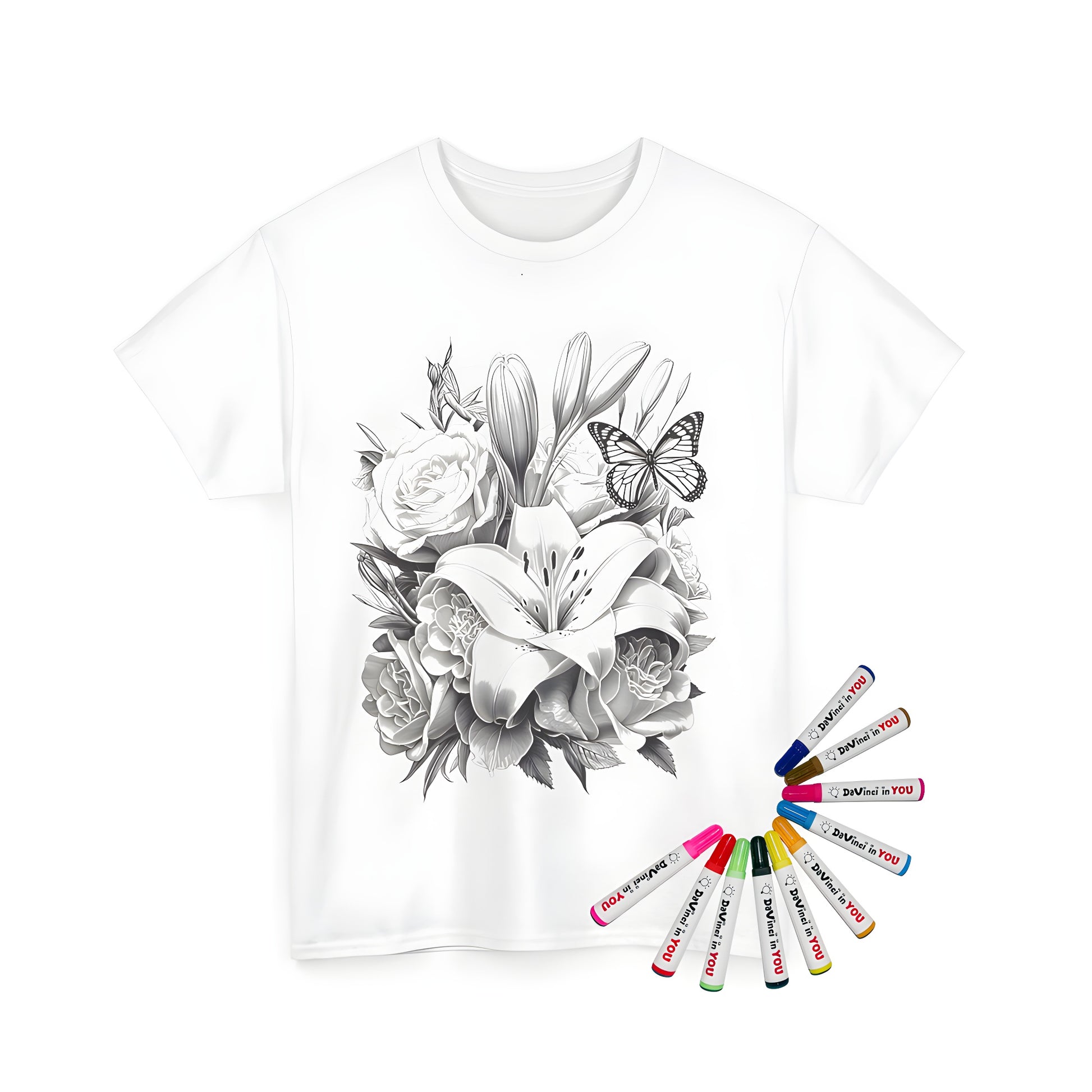 Unisex T-shirt featuring a detailed black and white illustration of a bouquet of flowers, including lilies, roses, and other blooms, with a butterfly perched on top. Perfect for coloring with our set of 10 fabric markers.