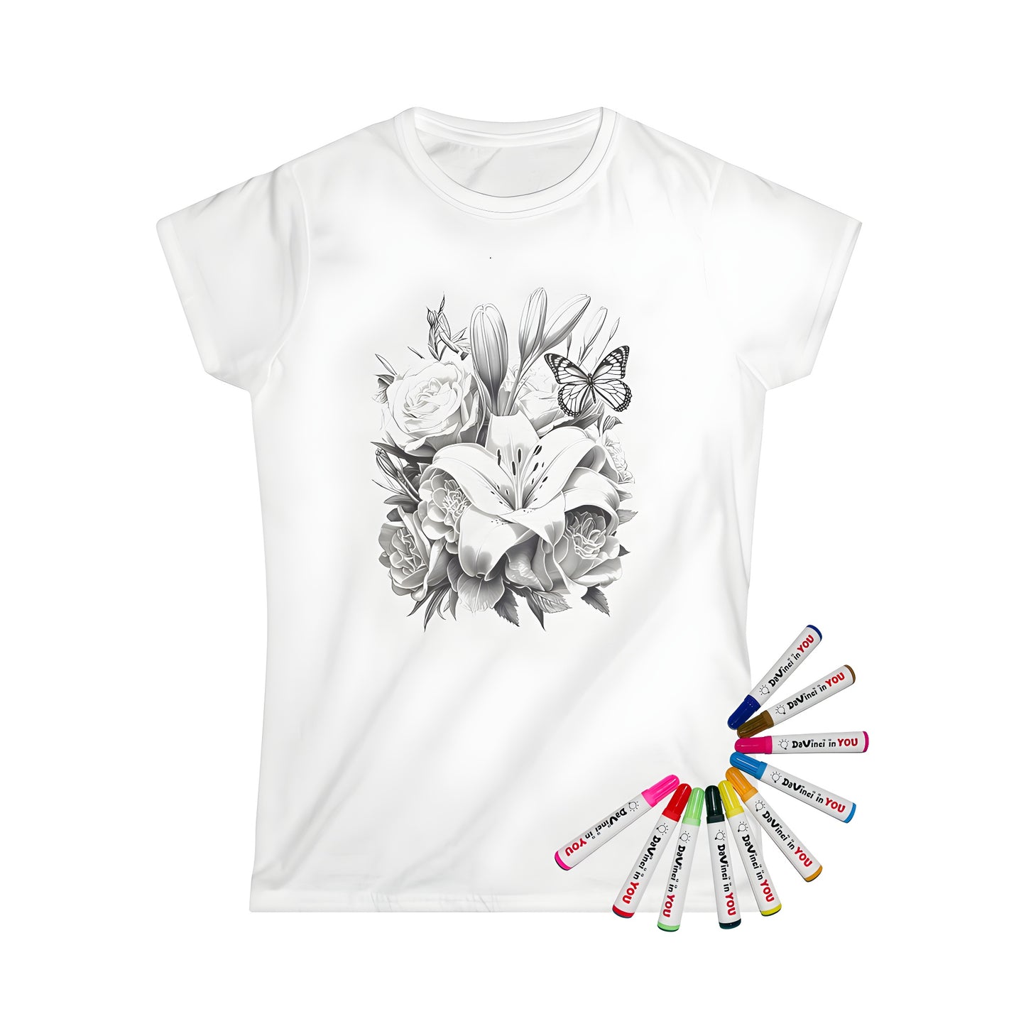 Women's t-shirt featuring an intricate coloring page design of a floral bouquet with a butterfly perched on top, perfect for artistic expression and self-expression.